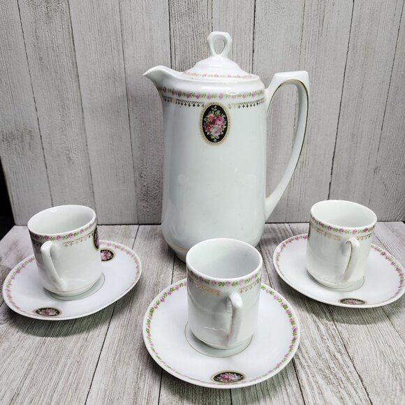 Vintage Bavaria Chocolate Tea Set Porcelain Victorian Gold Trim Pink Roses - Picture 5 of 10